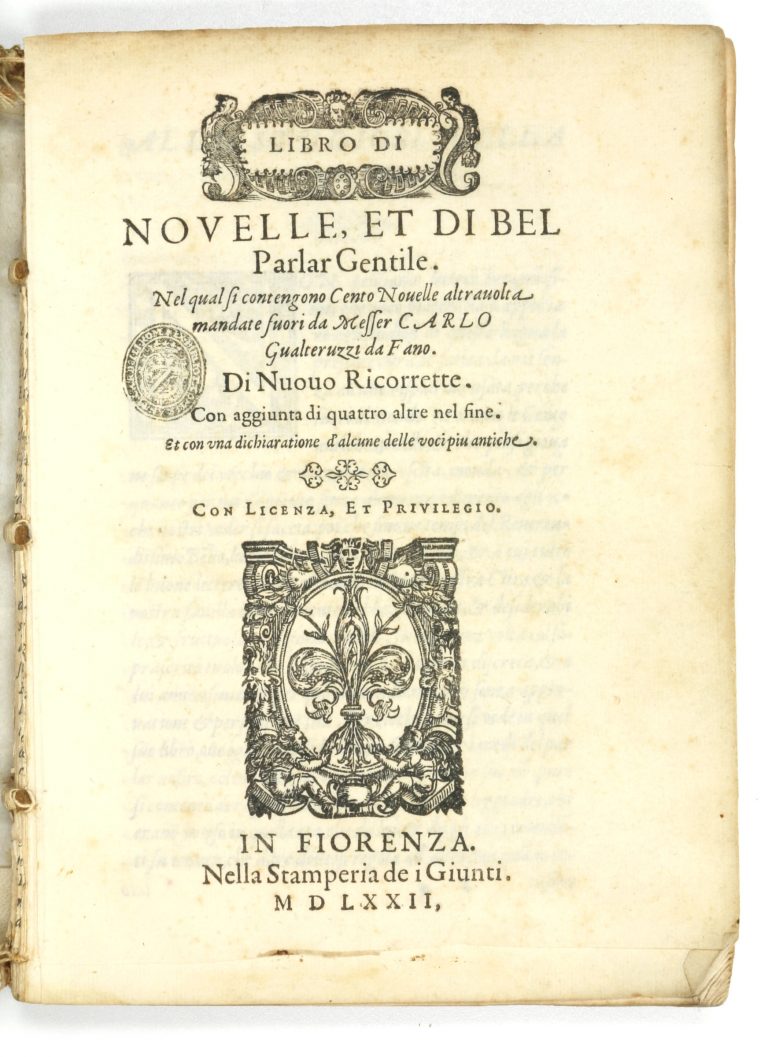 Gualteruzzi, Carlo and [Vincenzo ("corrector")]. Libro di novelle, et di bel
