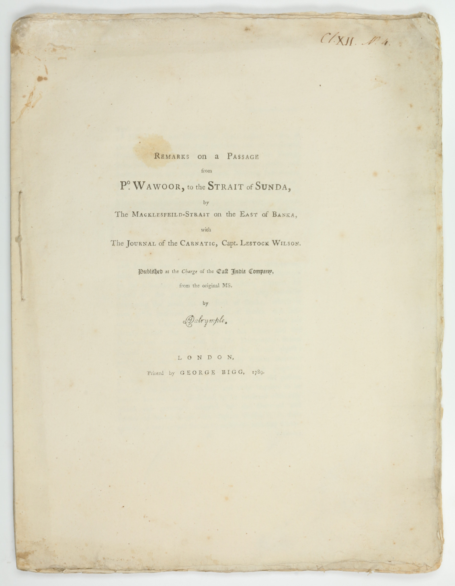 Dalrymple, Alexander. Remarks on a Passage from P. Warwoor, to the ...